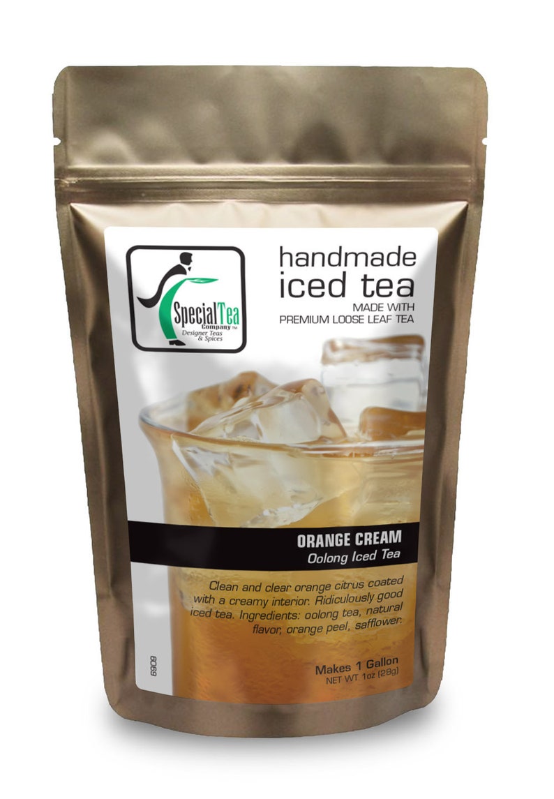 May include: A brown pouch with a zipper closure, containing a blend of loose leaf tea for making iced tea. The pouch features a label with the text "Special Tea Company" and "handmade iced tea". The label also includes a glass of iced tea with ice cubes and the text "Orange Cream Oolong Iced Tea". The text "Makes 1 Gallon, Net Wt 1 oz (28g)" is also on the label.