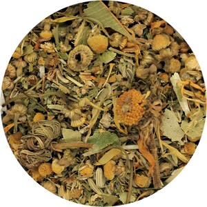 May include: A close-up of a blend of dried herbs and flowers, including chamomile, calendula, and eucalyptus leaves. The mixture is a light brown colour with hints of yellow and green.