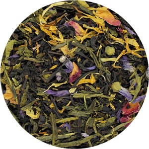 May include: A blend of green, black, and herbal teas with dried fruit pieces, including orange peel, rose petals, and cornflower petals.