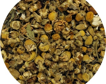 May include: Close-up of dried chamomile flowers and leaves, with a mix of yellow, brown, and green hues. The image is a circular composition, showcasing the texture and detail of the herbal ingredients, perfect for tea or aromatherapy.
