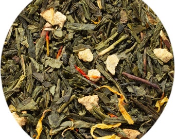 May include: Green tea blend with dried orange peel, marigold petals, and other botanicals.