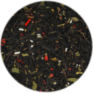 May include: Black tea blend with red and white sprinkles. The tea is loose leaf and ready to be brewed.