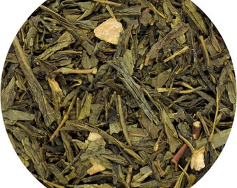 May include: Green tea leaves with dried orange pieces.