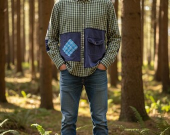 NeW mens unisex flannel urban abstract Upcycled recycled jean tattered style  jacket patchwork hippie boho Epolstyle eco friendly medium