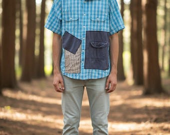 NeW mens unisex flannel urban abstract Upcycled recycled jean tattered style  jacket patchwork hippie boho Epolstyle eco friendly small