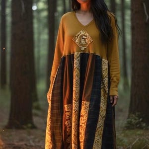 Epolstyle Upcycled midi recycled sweater dress patchwork hippie boho midi eco friendly med lg  xlg OOAK 36-50”