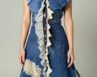 NeW denim abstract Upcycled recycled jean tattered style  jacket patchwork hippie boho Epolstyle eco friendly chest 36-42”