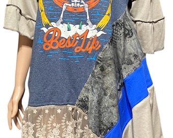 Epolstyle Upcycledd recycled lagenlook asymmetrical tunic patchwork hippie boho eco friendly small med lg OOAK 32-44”