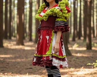 Vestido reciclado con capucha Epolstyle, tejido de punto reciclado, cinta y paneles de patchwork hippie bohemio midi, ecológico, talla pequeña, mediana y grande, talla única, 32-42 pulgadas
