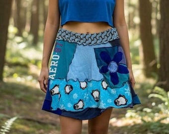 Epolstyle Upcycled recycled bohemian scrappy stretch band artsy OOAK Upcycled skirt wearable art med lg 34-40” Hippie Chic