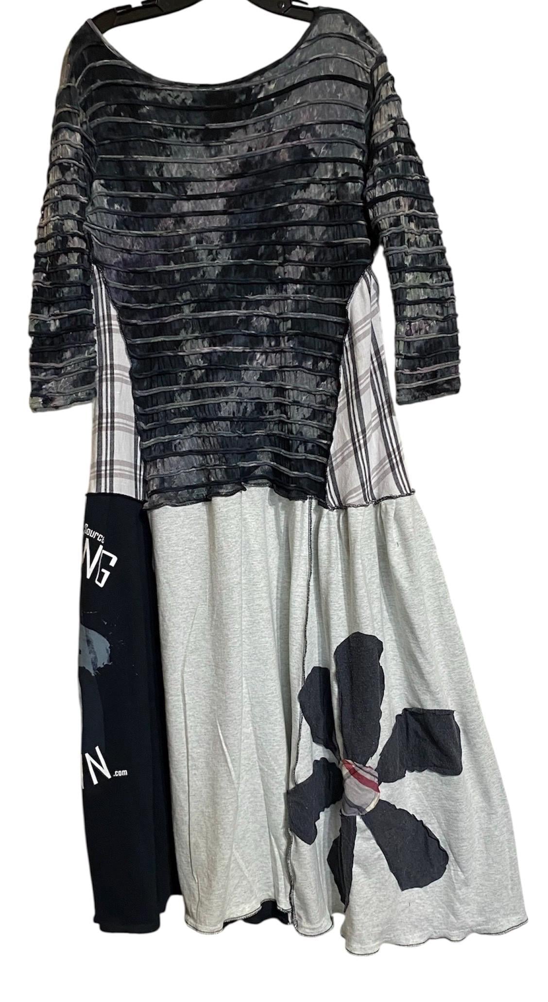 Epolstyle Upcycled recycled tea length T-shirt dress patchwork hippie boho eco friendly sm med lg  OOAK 34-40