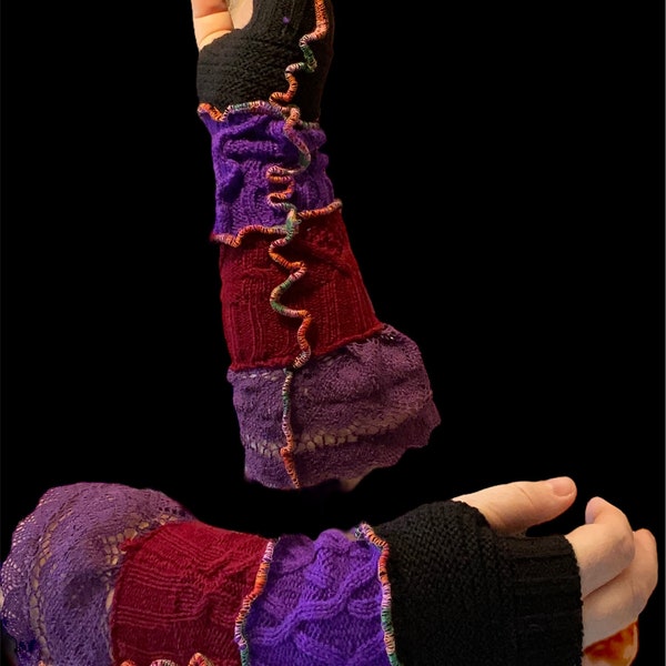 Epolstyle upcycled fingerless gloves recycled wearable art patchwork mittens winter wear
