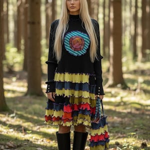 Epolstyle Upcycled dress recycled knit and ribbon  patchwork hippie boho mini eco friendly lg xlg 1xl 2xl  OOAK  42-58”
