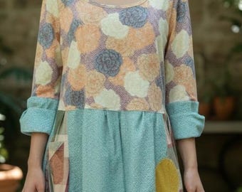 Vestido Epolstyle reciclado, largo hasta la rodilla, estilo patchwork, hippie boho, ecológico, tallas M, L, XL, pieza única (38-46").