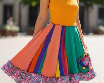 Vestido Epolstyle Upcycled, tejido reciclado, patchwork, estilo hippie boho, midi, ecológico, tallas grandes, XLG y 1XL, pieza única (38-50 pulgadas).