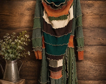 Epolstyle Sudadera con capucha de 2 piezas, de punto patchwork, reciclada, sostenible, estilo bohemio, hippie, arte para vestir, ecológica, tallas XLG, 1XL, 2XL (40-52").