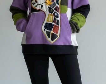 Sudadera con capucha de patchwork reciclado de jirafa de Epolstyle, estilo bohemio sostenible, hippie, arte para vestir, ecológica, 38-48 pulgadas