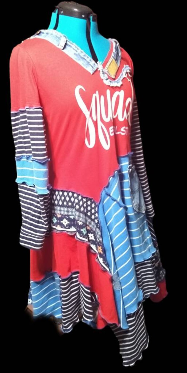 Epolstyle knit recycled artsy patchwork tunic Upcycled wearable art hippie large Xlg 1xl Music Festival recycled plus size