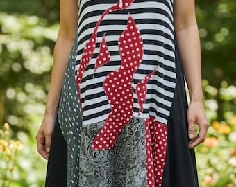 Vestido Epolstyle Upcycled, tejido reciclado, patchwork, estilo hippie boho, midi, ecológico, tallas grandes, XLG y 1XL, pieza única (38-46 pulgadas).