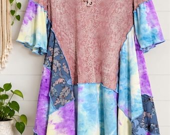 Vestido asimétrico Epolstyle Upcycled reciclado hasta la pantorrilla, estilo patchwork, hippie boho, ecológico, tallas M, L, XL, pieza única (32-46").