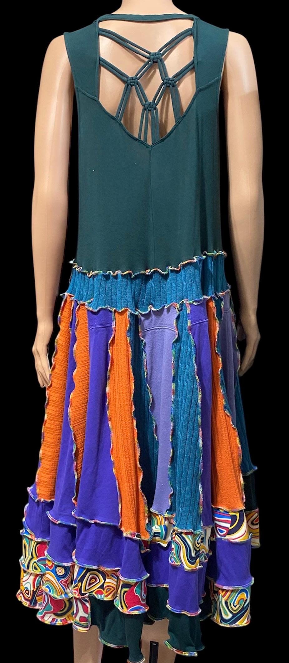Epolstyle Upcycled recycled mid calf length scrappy length dress patchwork hippie boho eco friendly med lg xlg OOAK 36-50”