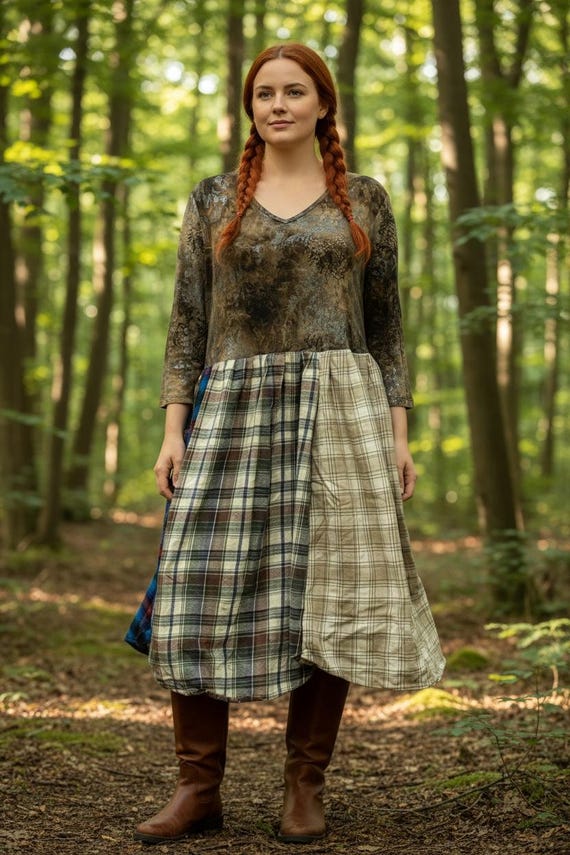 boho plaid dress Epolstyle Upcycled mid calf recycled flannel patchwork hippie midi eco friendly lg xlg 1xl OOAK 42-50” Color:Bianca White Bow(s) Freya features a classic Ellie Wilde by Mon