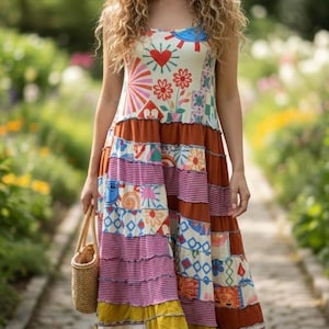 Epolstyle Upcycled dress recycled knit and ribbon  patchwork hippie boho midi eco friendly med large xlg OOAK  40-52”