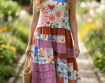 Vestido reciclado Epolstyle de punto reciclado y cinta patchwork hippie bohemio midi ecológico mediano grande extra grande OOAK 40-52”