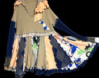 Epolstyle Upcycled knielanges recyceltes Pullover Kleid Patchwork Hippie Boho Eco freundlich lg xlg 1xl 2xl ooak 42-60 ”