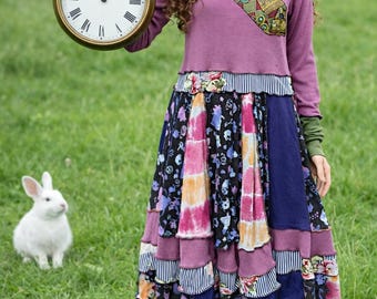 Vestido Epolstyle Upcycled reciclado de largo hasta la pantorrilla, estilo patchwork, hippie boho, ecológico, tallas lg xl 1xl, pieza única (34-44").