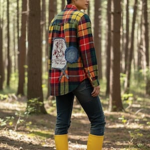 Epolstyle Upcycled Recycling Patchwork Knopfleiste Flanell nachhaltiger Boho Stil Hippie tragbare Kunst 96-116 cm lang