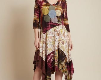 Vestido asimétrico hasta la rodilla Epolstyle, reciclado, con patchwork, estilo hippie boho, ecológico, tallas M, L, XL, pieza única (36-44 pulgadas).