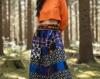 Epolstyle Upcycled recycled bohemian panel yoga band artsy OOAK Upcycled skirt wearable art med lg 32-42”Hippie Chic