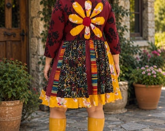 Vestido Epolstyle Upcycled, tejido reciclado, patchwork, estilo hippie boho, midi, ecológico, tallas grandes, XLG y 1XL, pieza única (38-48 pulgadas).