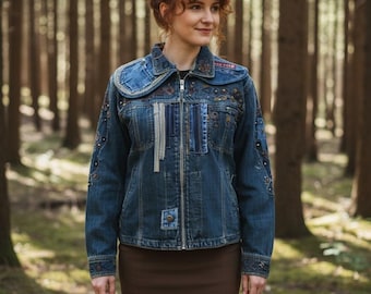 NeW denim abstract Upcycled recycled jean tattered style  jacket patchwork hippie boho Epolstyle eco friendly chest 42”