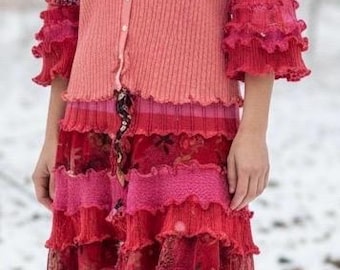 Vestido de suéter reciclado Epolstyle, de punto reciclado y cinta, con patchwork hippie, bohemio, midi, ecológico, talla pequeña, mediana y grande, talla única, 32-44 pulgadas