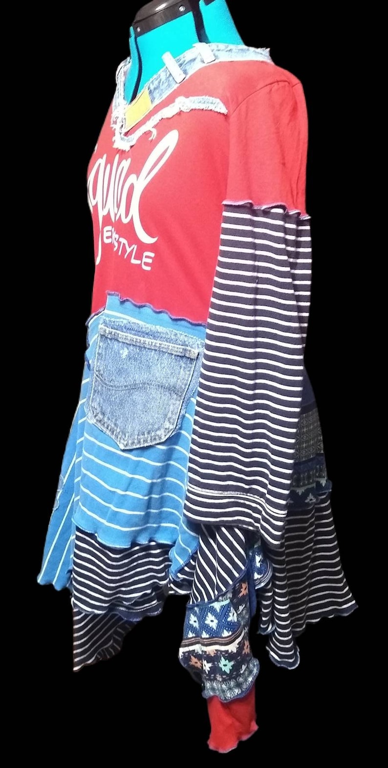 Epolstyle knit recycled artsy patchwork tunic Upcycled wearable art hippie large Xlg 1xl Music Festival recycled plus size
