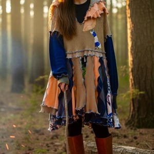 Epolstyle Upcycled knielanges recyceltes Pullover Kleid Patchwork Hippie Boho Eco freundlich lg xlg 1xl 2xl ooak 42-60 ”