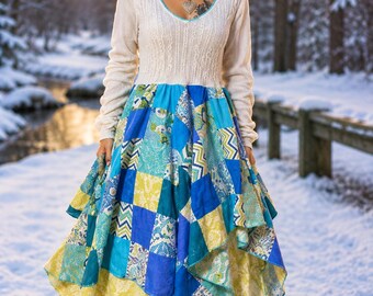 Vestido Epolstyle de patchwork, tejido de punto reciclado y sostenible, estilo boho, hippie, arte para vestir, ecológico, tallas L, XL, 1XL, 36-46”.