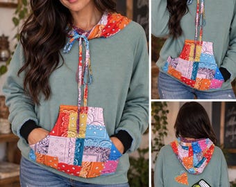 Sudadera con capucha Epolstyle de patchwork reciclado, estilo boho sostenible, hippie, arte para vestir, ecológica, 34-44"