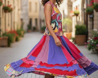 Vestido Epolstyle Upcycled de punto reciclado patchwork hippie boho midi ecológico lg xlg 1xl OOAK 38-50"
