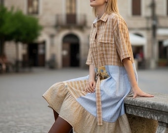 Vestido Epolstyle de cuadros con botones falsos, patchwork reciclado, estilo bohemio, hippie, sostenible, para vestir, ecológico, tallas 40-50, L, XL, 1XL