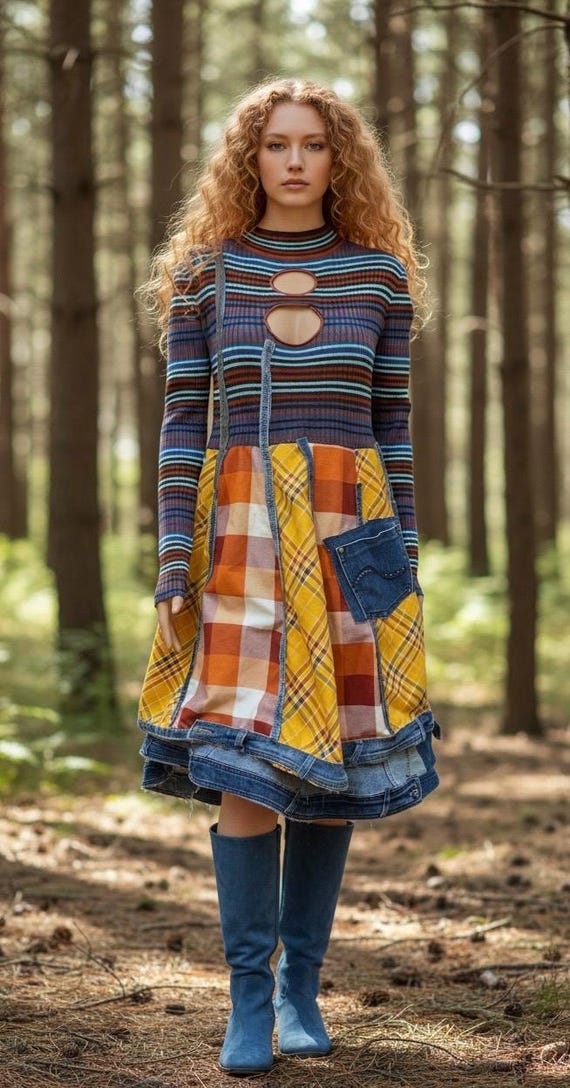 denim apron midi dress Epolstyle Upcycled mid calf recycled knit and denim apron dress patchwork hippie boho midi eco friendly LG xlg 1xl OOAK 40-50
