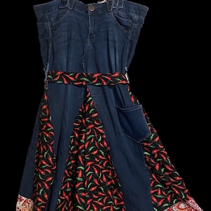 Epolstyle boho denim upcycled Festival artsy patchwork jumper dress calf length 40-48”