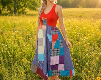 Vestido Epolstyle de patchwork, reciclado y sostenible, estilo boho, hippie, arte para vestir, ecológico, tallas S, M y L (30-40 pulgadas).