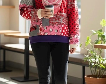 Sudadera Epolstyle con cupcakes reciclados y patchwork, estilo bohemio, hippie, sostenible, para vestir, arte ecológico, 34-44 pulgadas