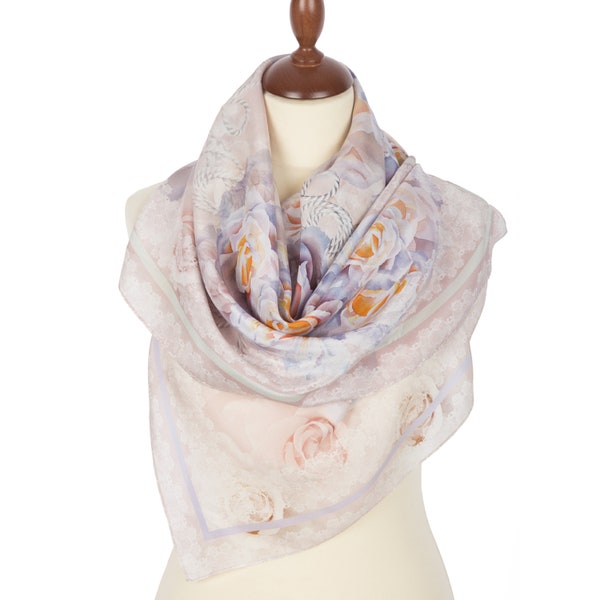 Russian Pavlovo-Posad Women's Shawl/scarf 100% silk 89cm / 35" Rose Beige-light gray Article 10151-2 Gift for Her Mother Daughter