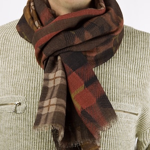 Russian Pavlovo-Posad Vintage Style Mens Scarf Wool 40x190cm/15&quot;x75&quot; Brown-brick red-olive-beige