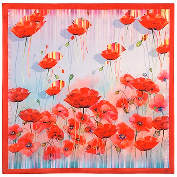 Russian Pavlovo-Posad Shawl/scarf "Poppies field" 100% silk 89x89cm / 35"x35". Red poppies.