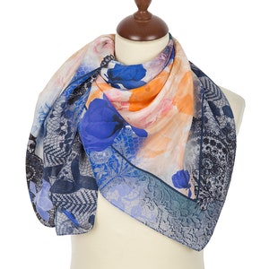 Russische Pavlovo-Posad damessjaal/sjaal 100% zijde 89 cm / 35&quot; blauworanje Artikel 10079-13 Cadeau voor haar moeder en dochter
